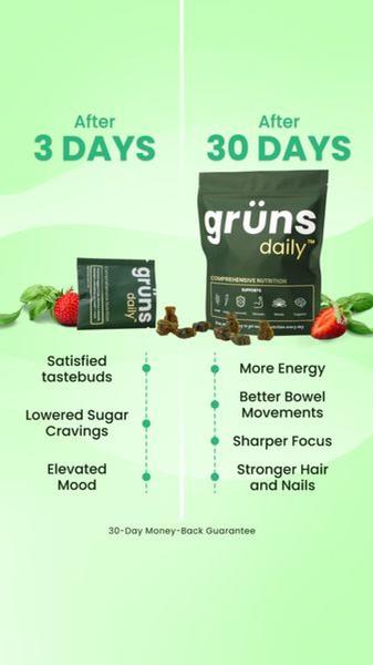 This static 9:16 vertical creative visualizes the user journey by comparing immediate and long-term benefits of the daily greens gummy product.
